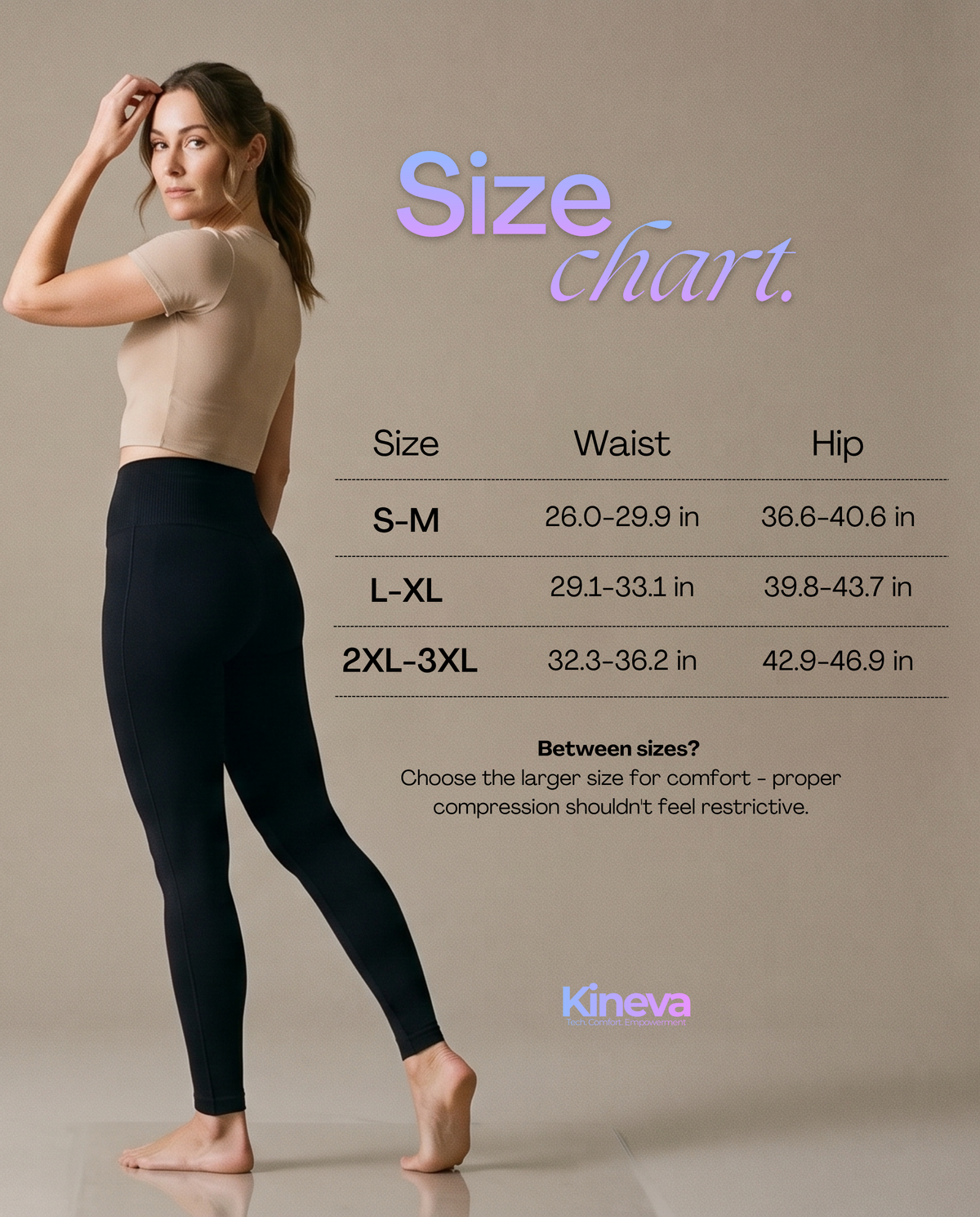 Legging Lipedema Recovery - Size chart, waist and hip in inches