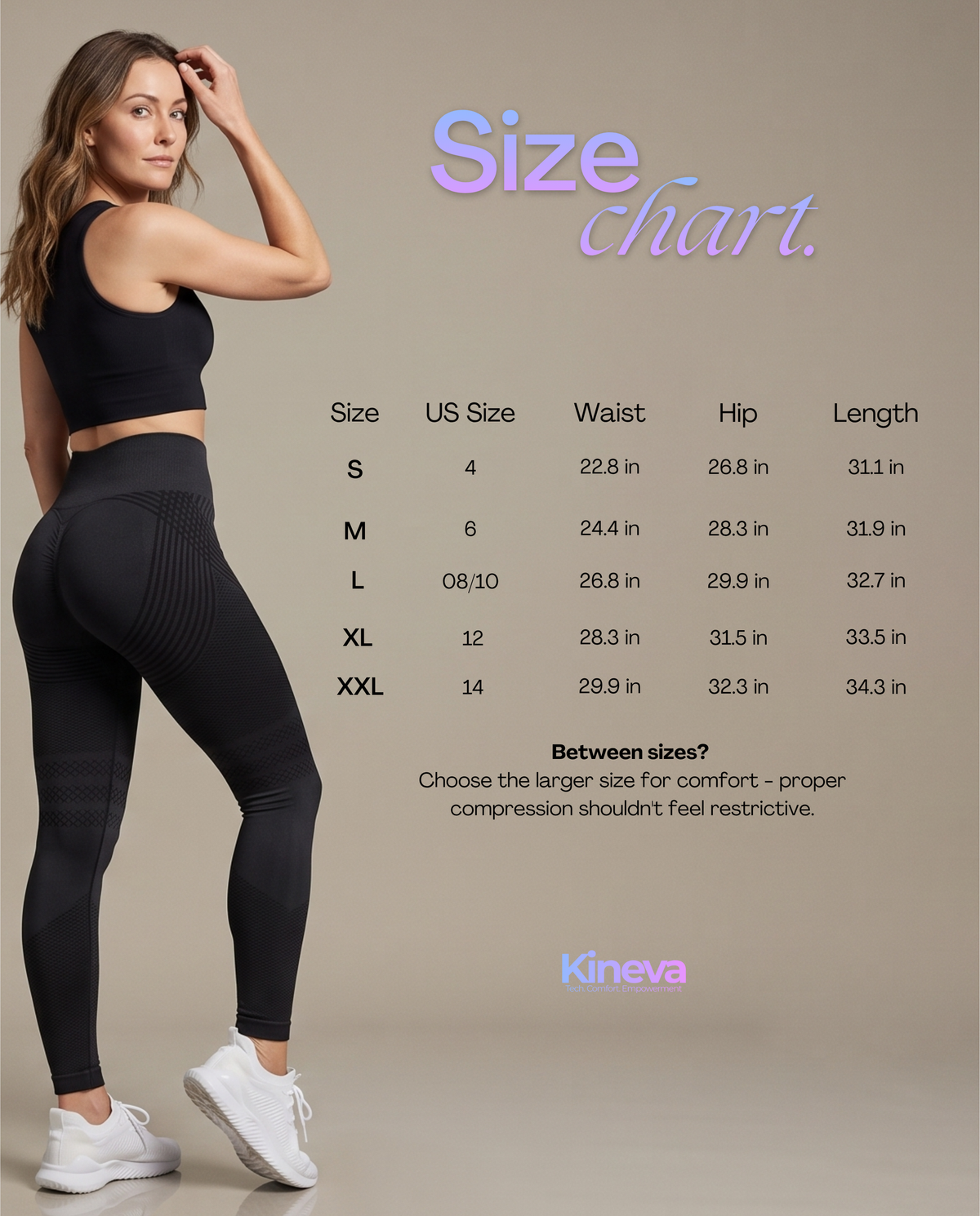 Legging 3D Sport Recovery - Size chart, US sizes with garment measurements in inches